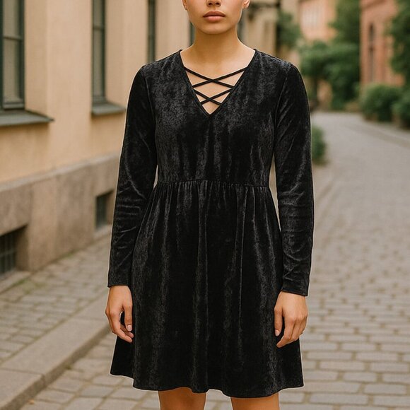 NO Comment  Y2K Black  Velvet Long Sleeved Dress w/ Lace Up Design 1X Whimsigoth - Picture 1 of 8